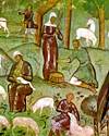 Сцены из жизни Адама и Евы. Фреска северной паперти церкви Ильи-пророка